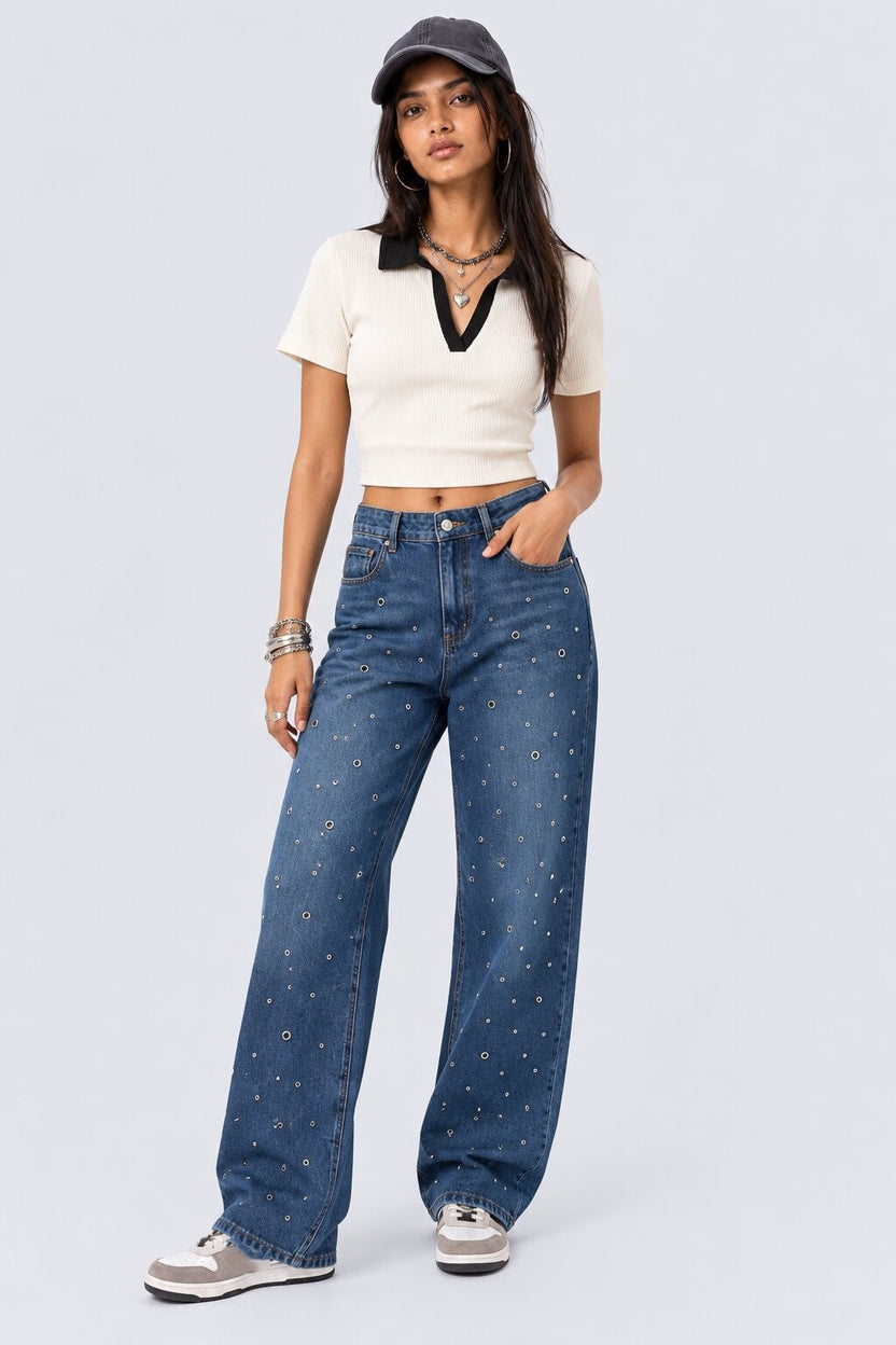 Womens White Contrast Collar Ribbed Crop Top - Image 6