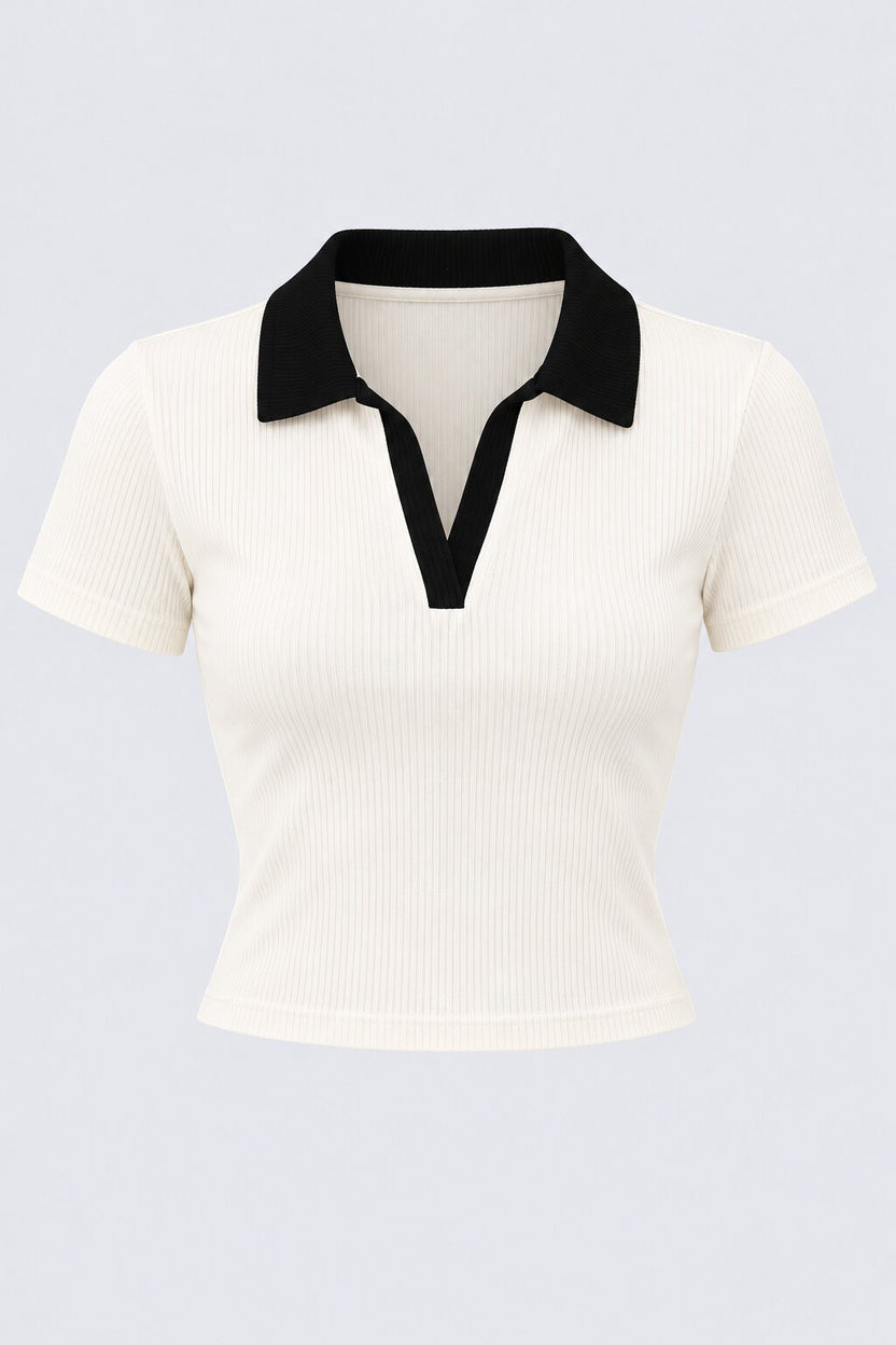 Womens White Contrast Collar Ribbed Crop Top - Image 7
