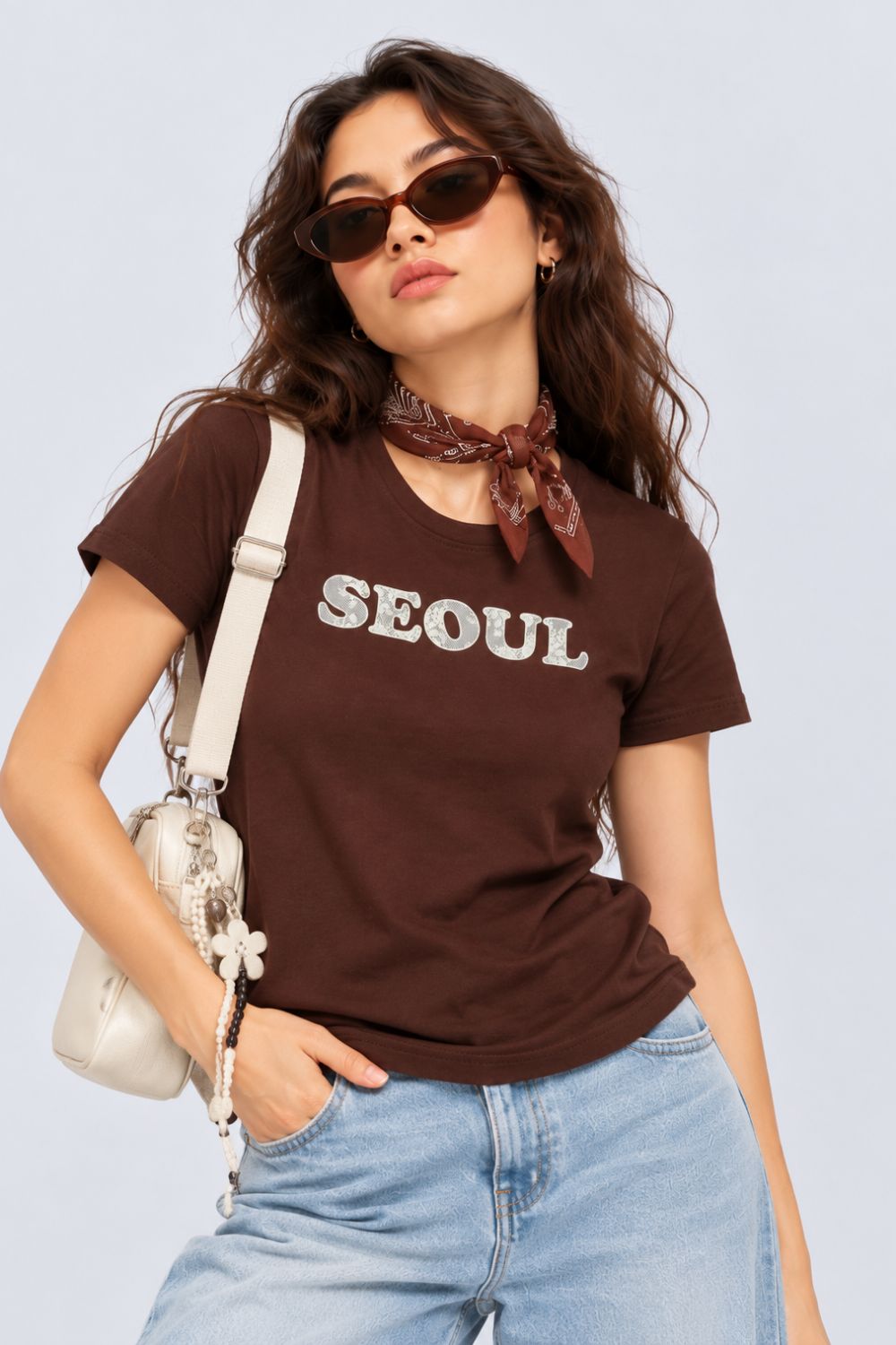 Womens Brown Seoul Slogan Print T-Shirt - Image 1