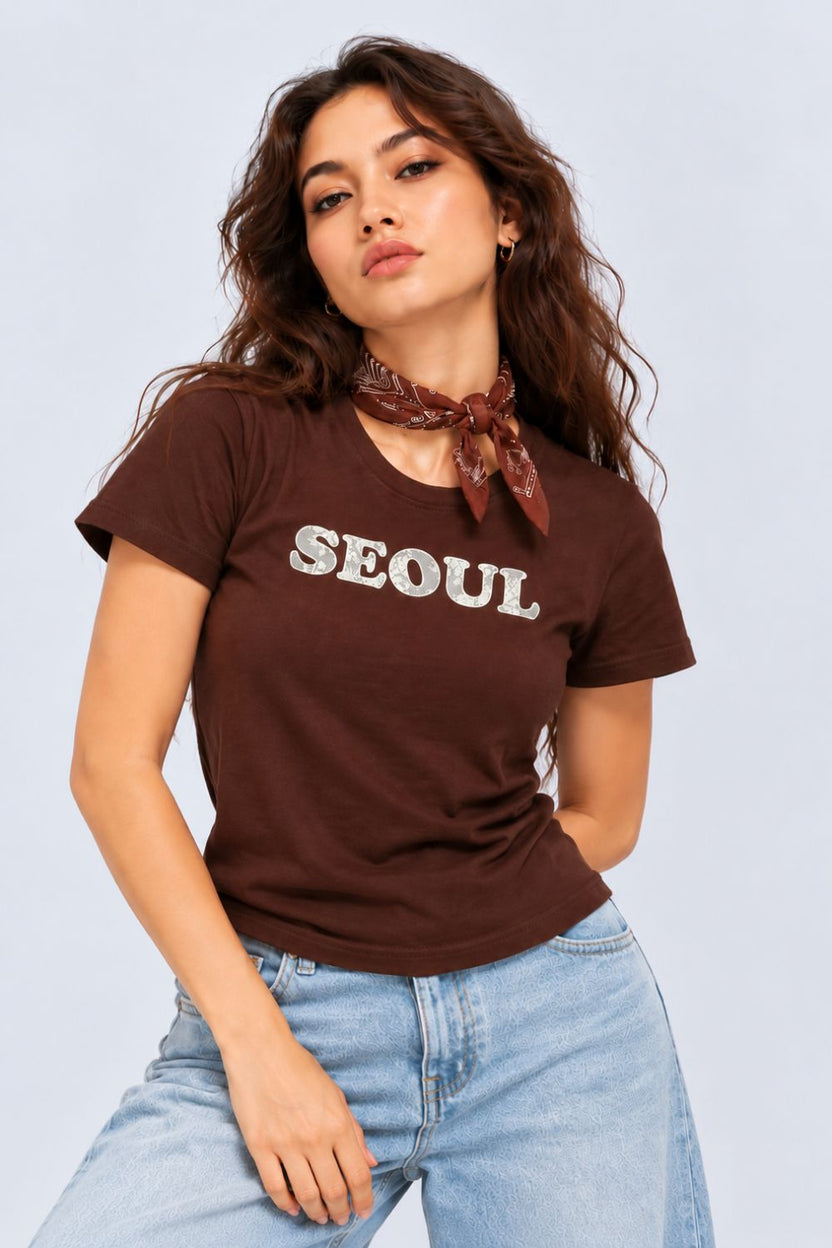 Womens Brown Seoul Slogan Print T-Shirt - Image 2