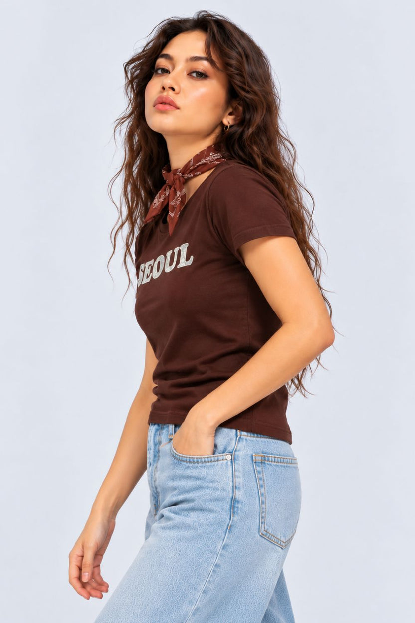 Womens Brown Seoul Slogan Print T-Shirt - Image 4
