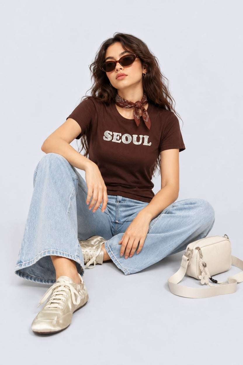 Womens Brown Seoul Slogan Print T-Shirt - Image 6
