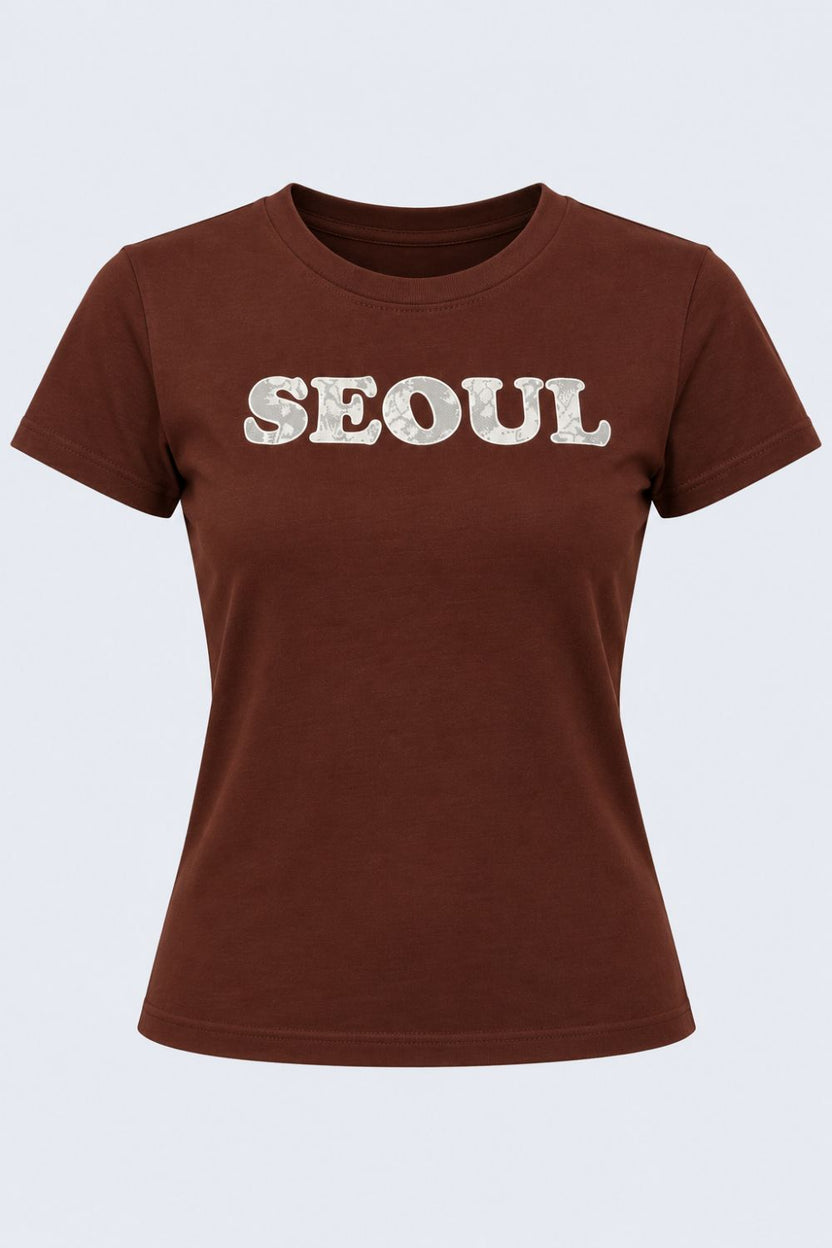 Womens Brown Seoul Slogan Print T-Shirt - Image 7
