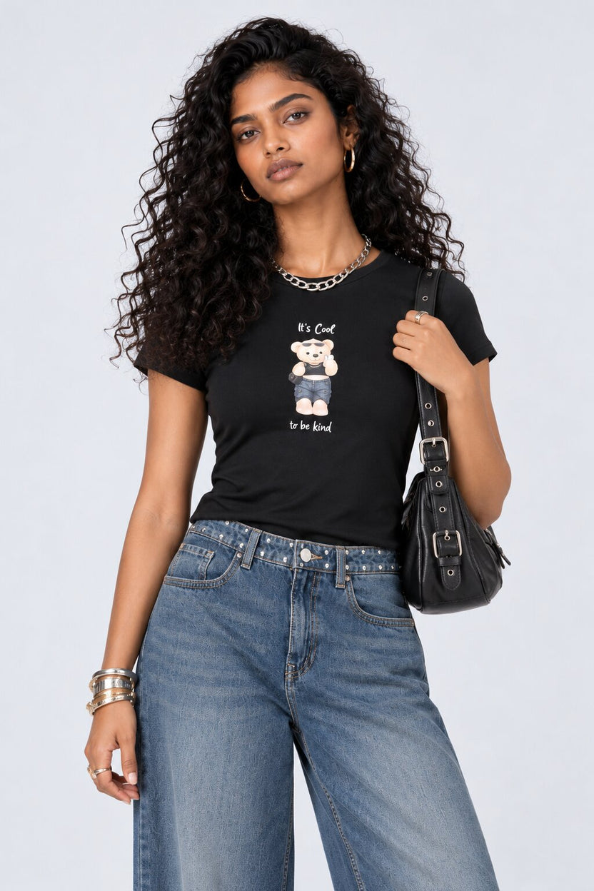 Womens Black Teddy Bear Graphic Print Top - Image 1