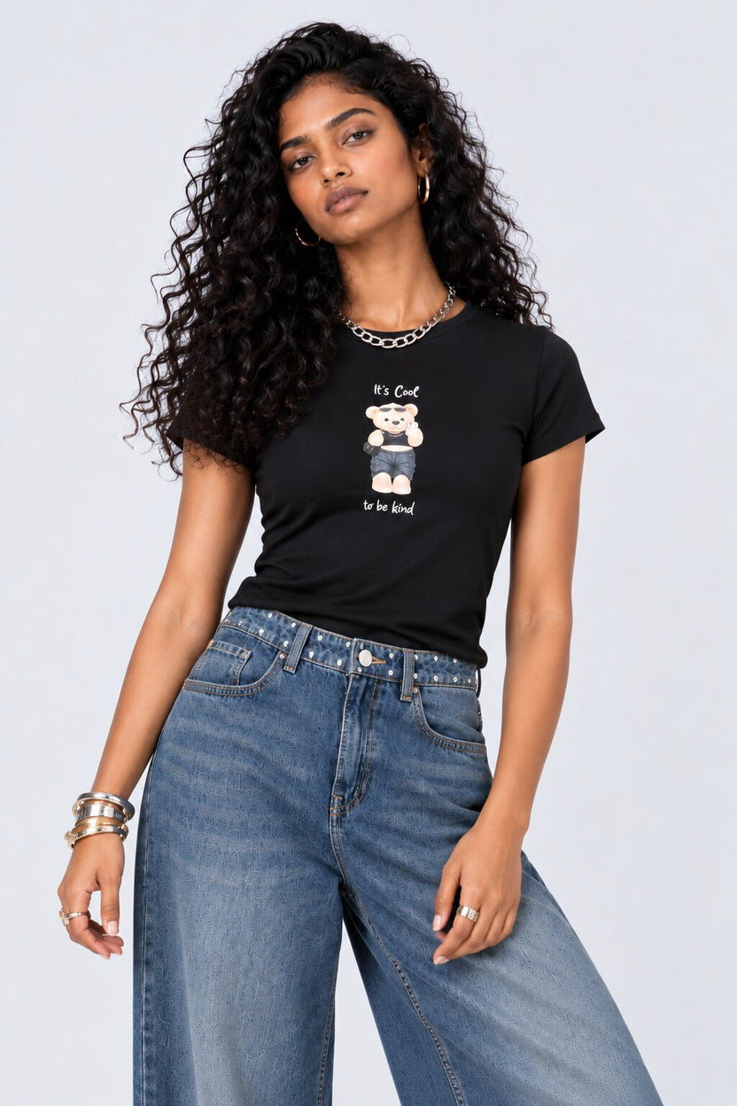 Womens Black Teddy Bear Graphic Print Top - Image 2