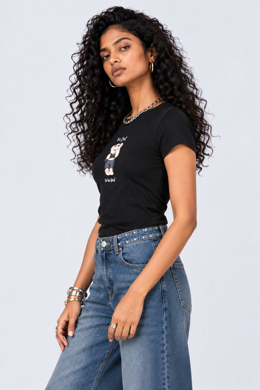 Womens Black Teddy Bear Graphic Print Top - Image 4