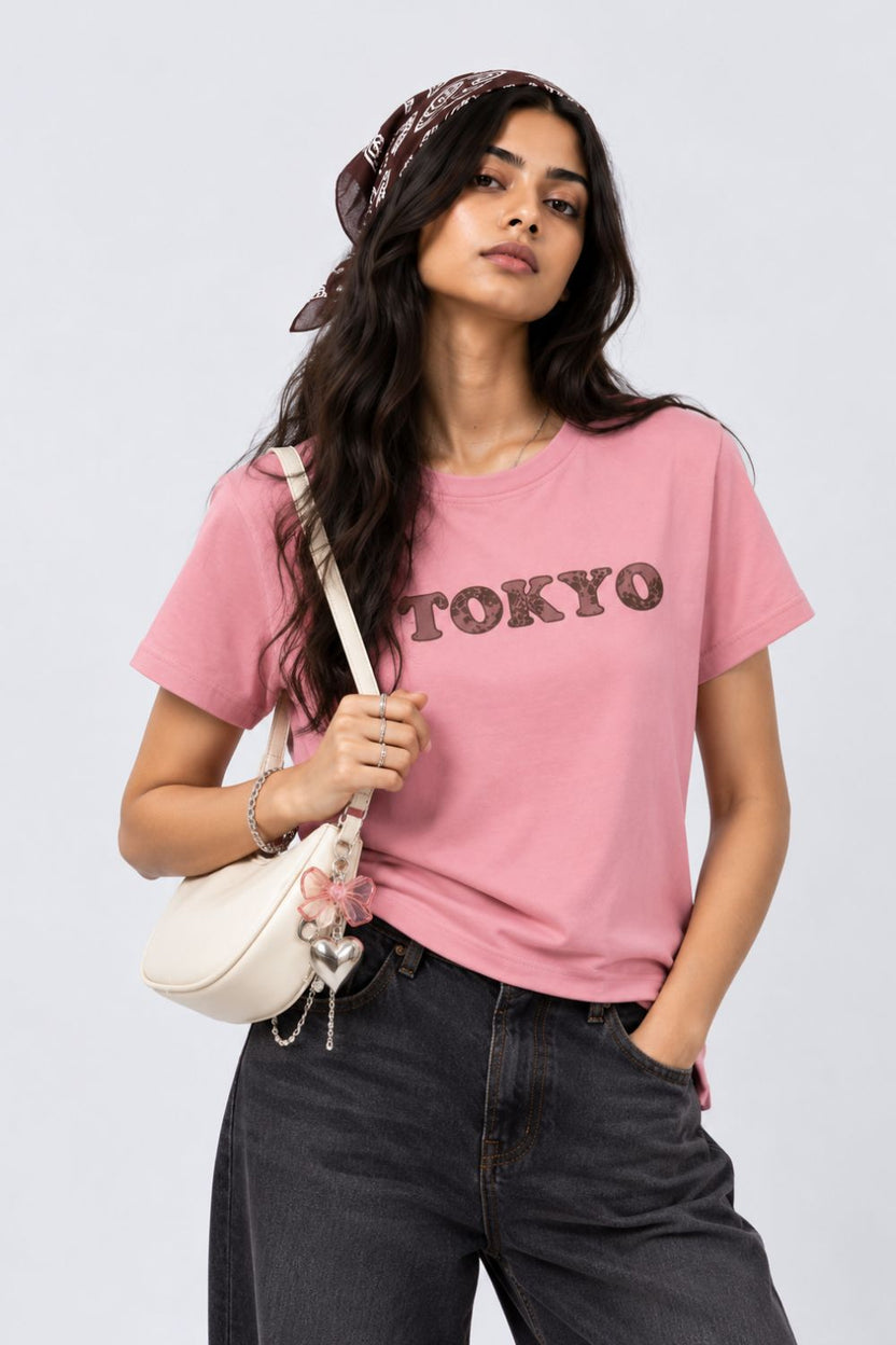 Womens Pink Tokyo Slogan Print Cotton T-Shirt - Image 1