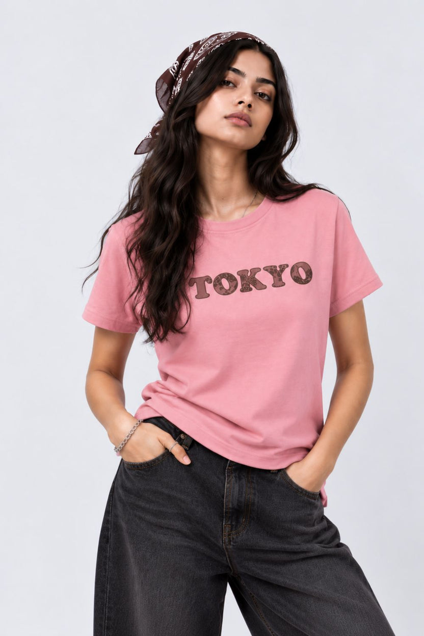 Womens Pink Tokyo Slogan Print Cotton T-Shirt - Image 2