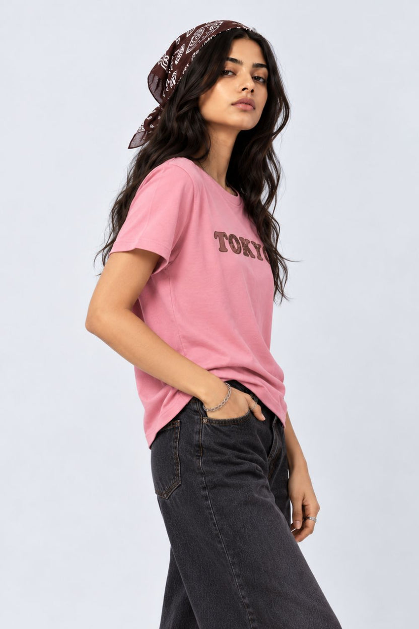 Womens Pink Tokyo Slogan Print Cotton T-Shirt - Image 4