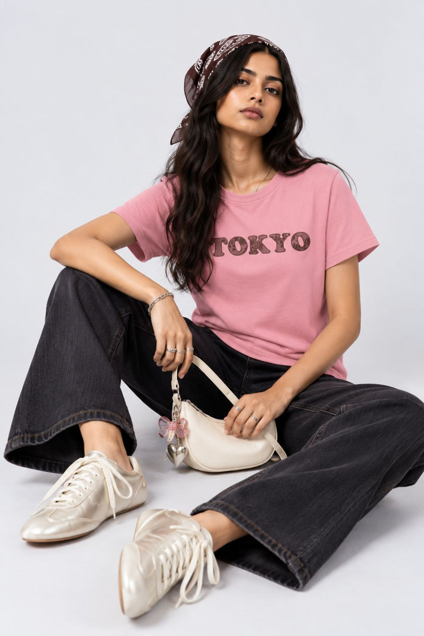 Womens Pink Tokyo Slogan Print Cotton T-Shirt - Image 6
