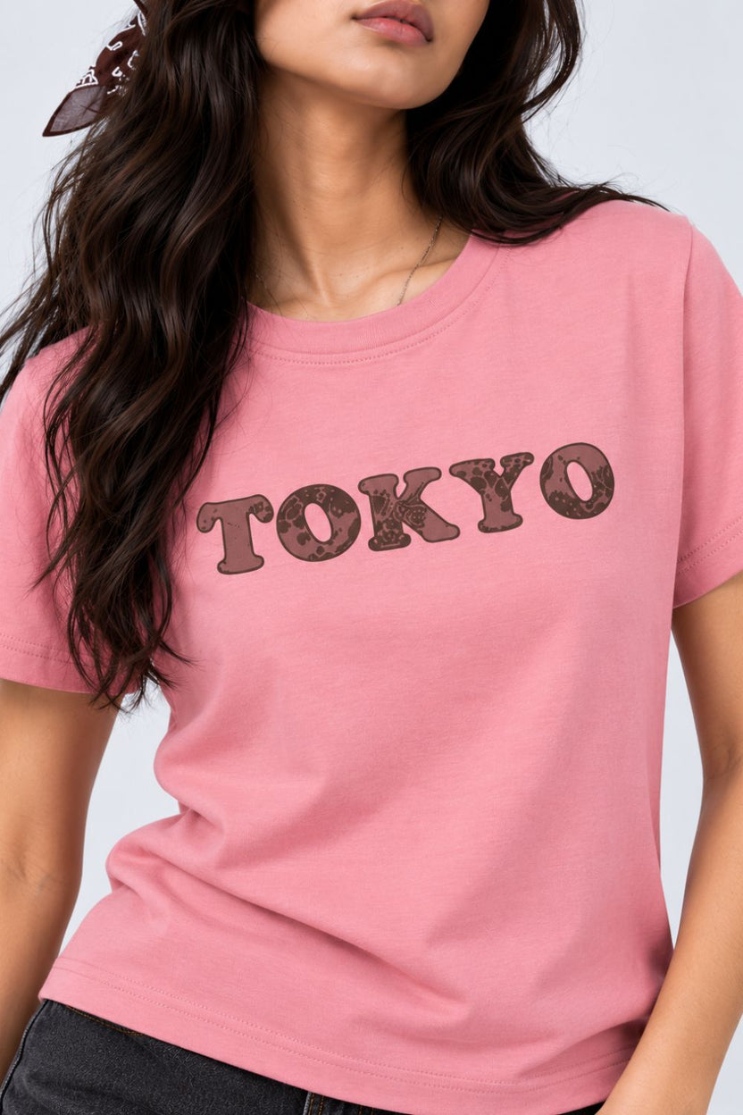 Womens Pink Tokyo Slogan Print Cotton T-Shirt - Image 9