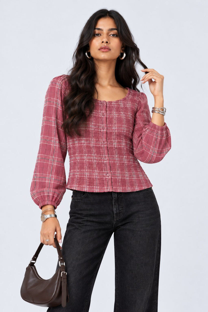 Womens Pink Plaid Print Smocked Top - Image 1