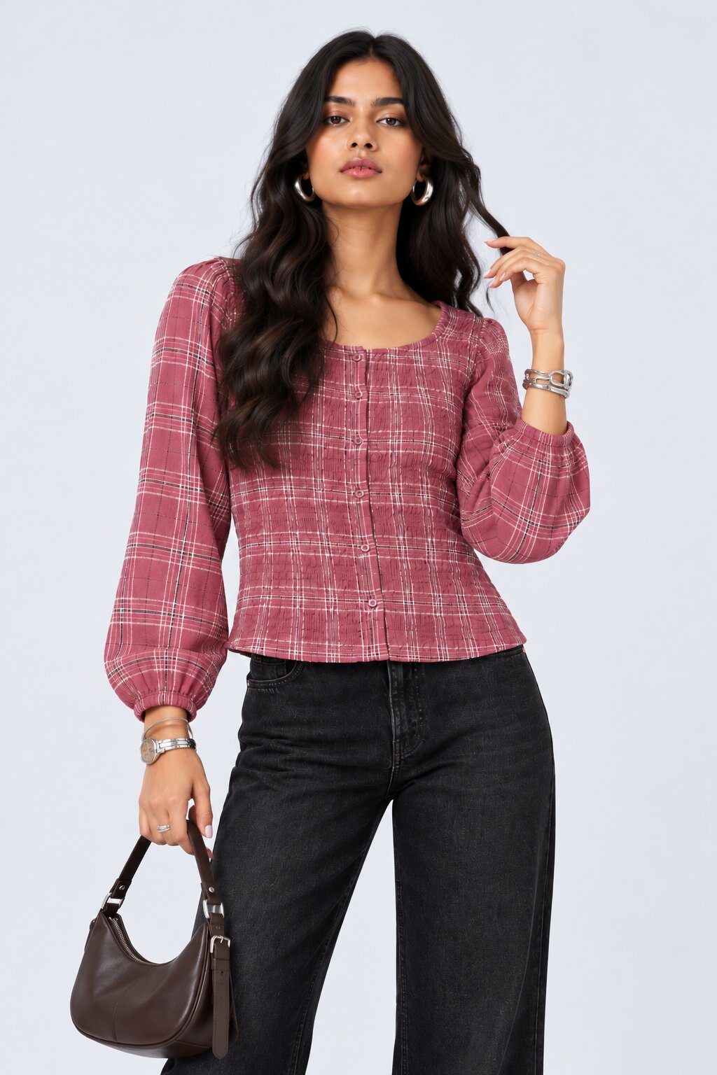 Womens Pink Plaid Print Smocked Top - Image 1