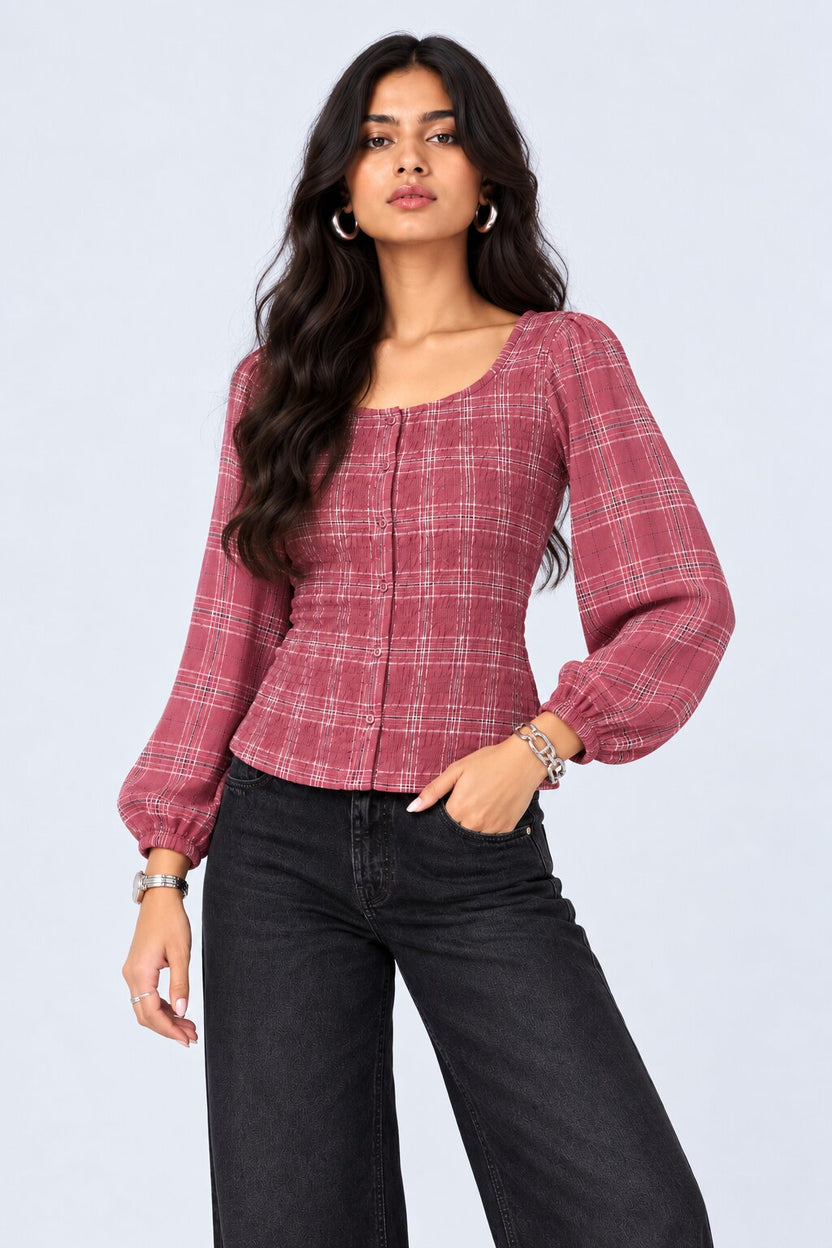 Womens Pink Plaid Print Smocked Top - Image 2