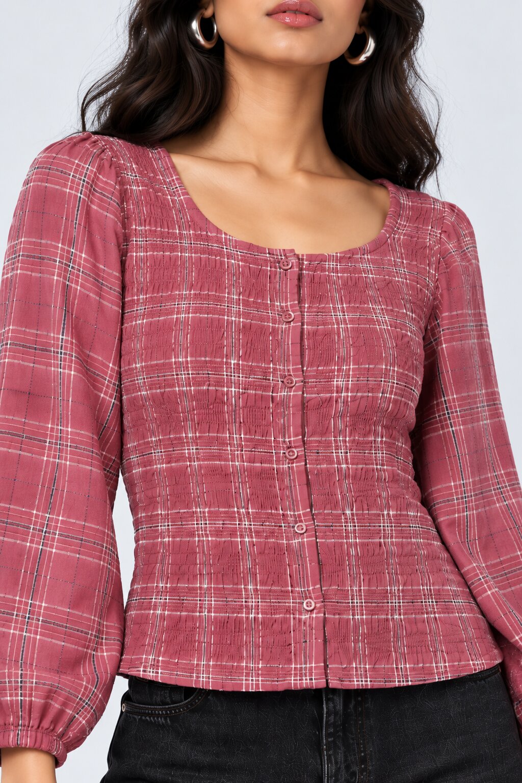 Womens Pink Plaid Print Smocked Top - Image 3
