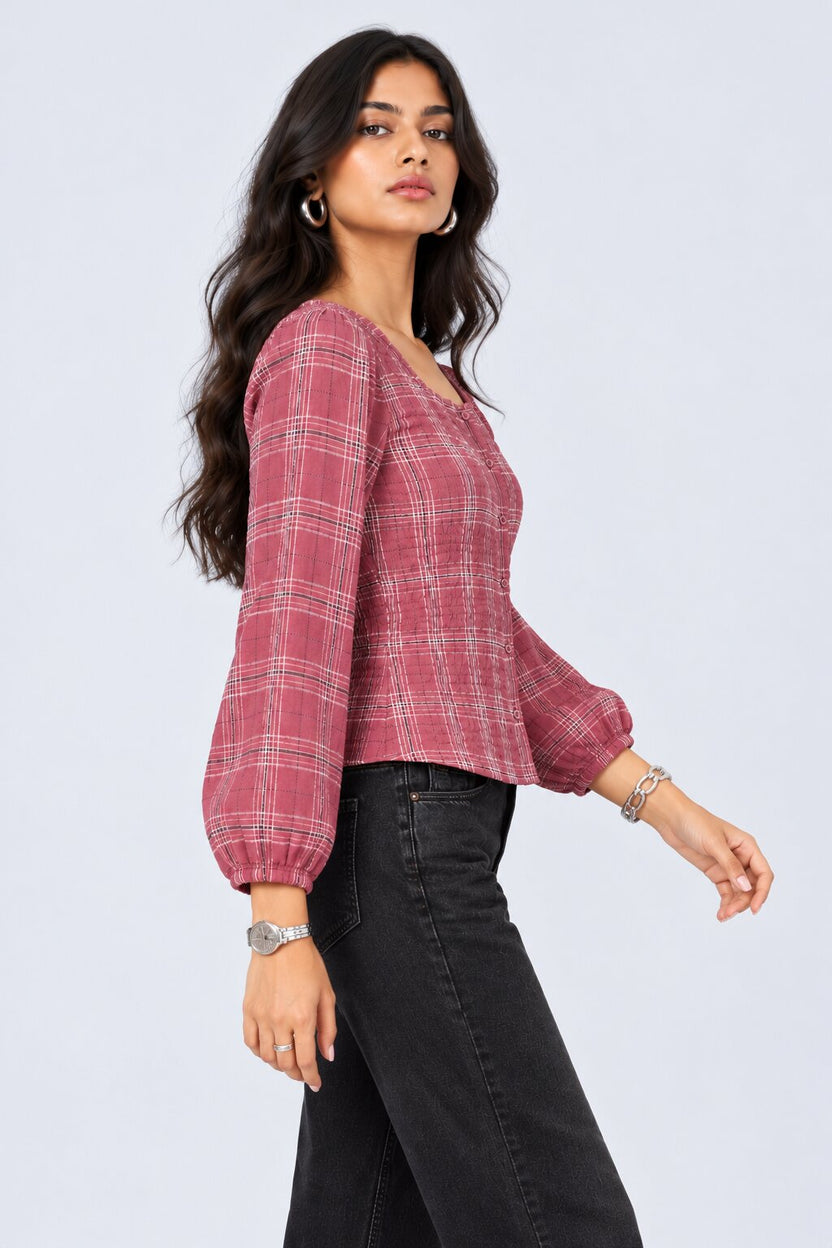 Womens Pink Plaid Print Smocked Top - Image 4