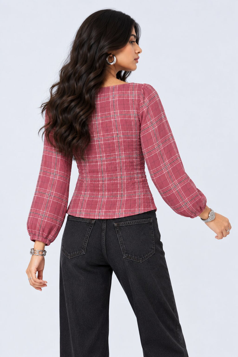 Womens Pink Plaid Print Smocked Top - Image 5