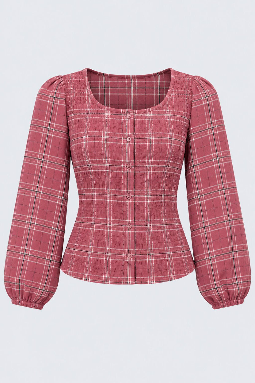 Womens Pink Plaid Print Smocked Top - Image 7