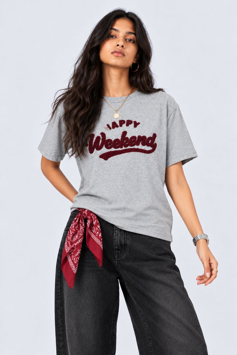 Womens Grey Placement Printed Regular Fit T Shirt - Image 1