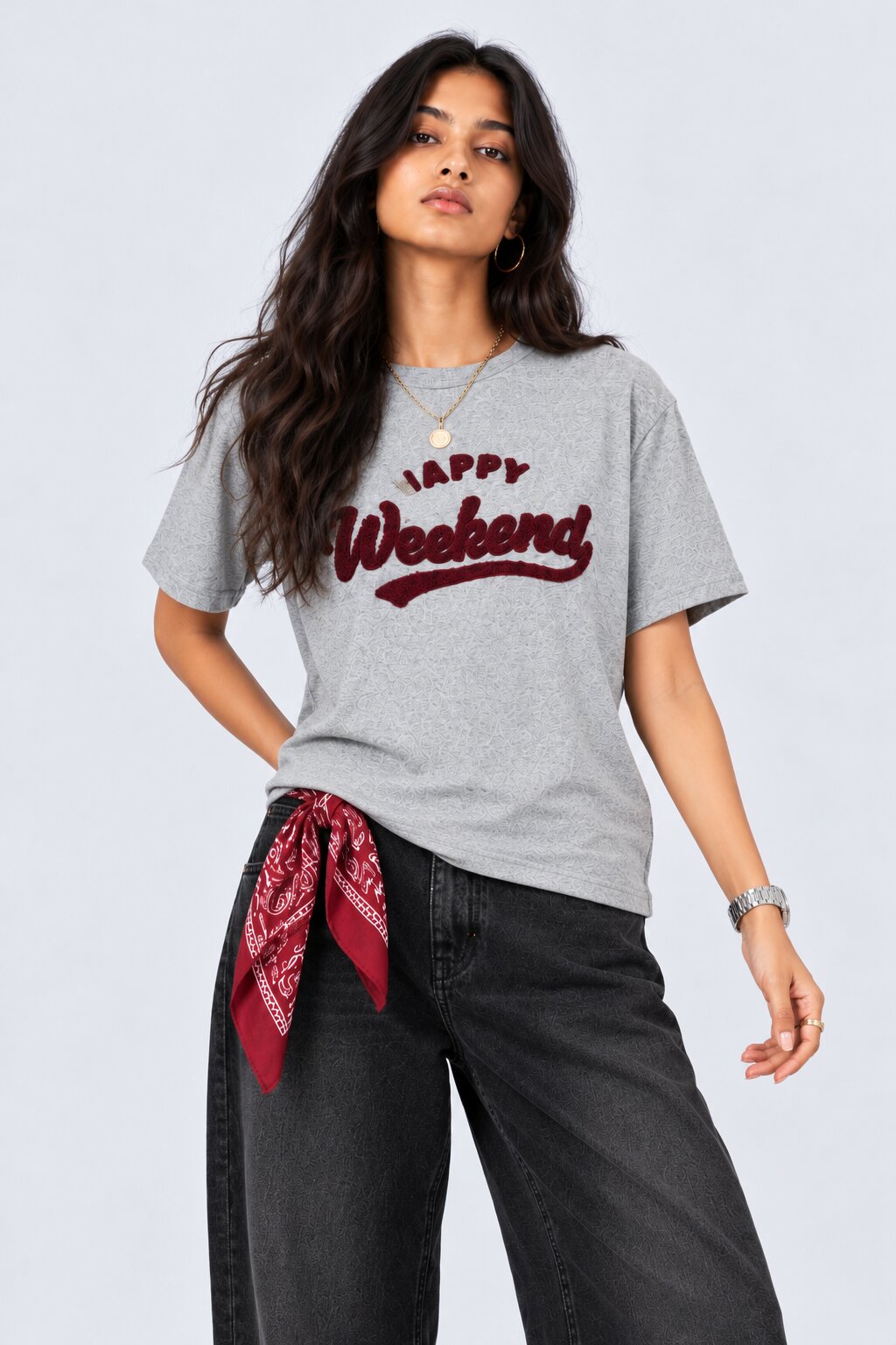 Womens Grey Placement Printed Regular Fit T Shirt - Image 1