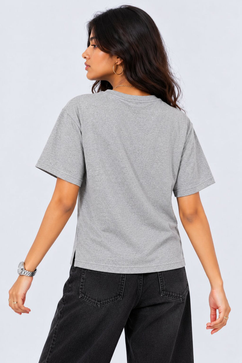 Womens Grey Placement Printed Regular Fit T Shirt - Image 4