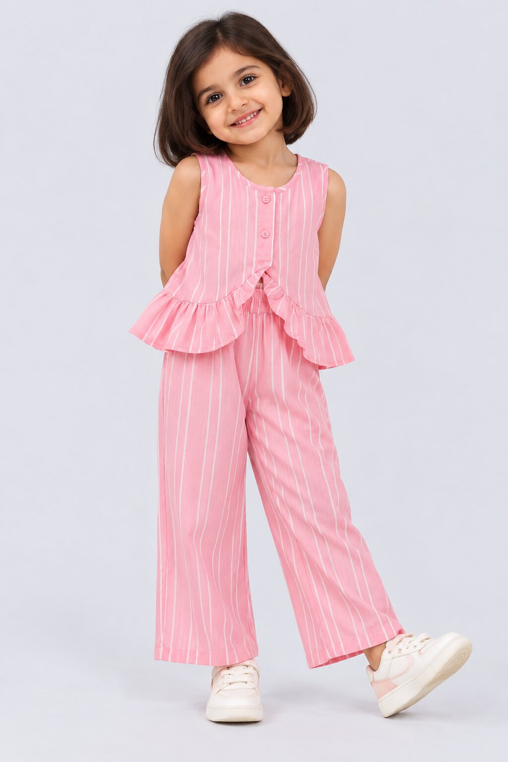 Girls Pink Stripes Regular Fit Co-Ord Set - Image 1