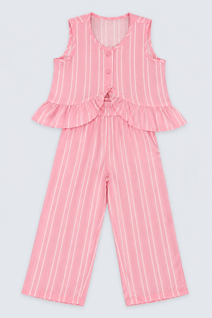 Girls Pink Stripes Regular Fit Co-Ord Set - Image 6