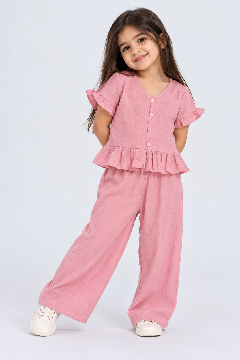 Girls Pink Ruffle Regular Fit Co-Ord Set - Image 1