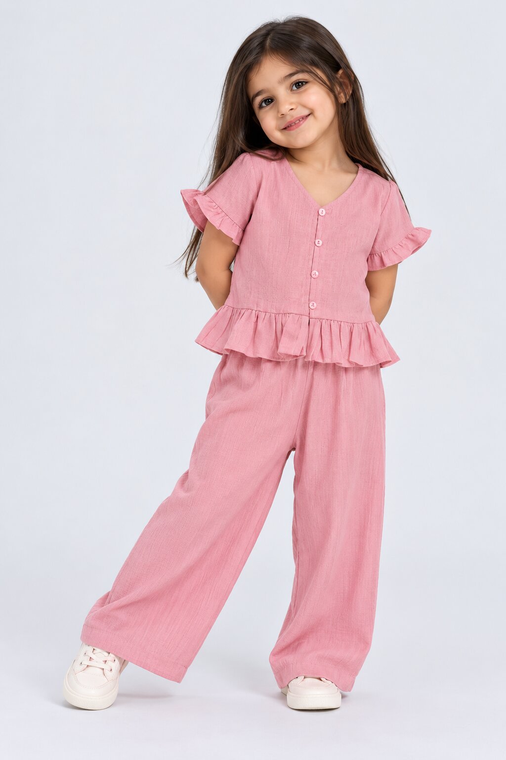 Girls Pink Ruffle Regular Fit Co-Ord Set - Image 1