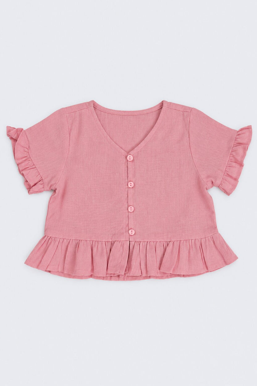 Girls Pink Ruffle Regular Fit Co-Ord Set - Image 2
