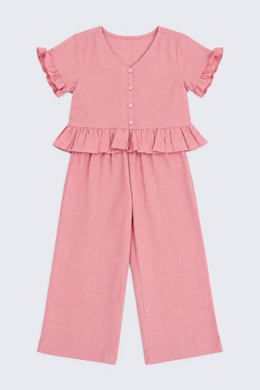 Girls Pink Ruffle Regular Fit Co-Ord Set - Image 6