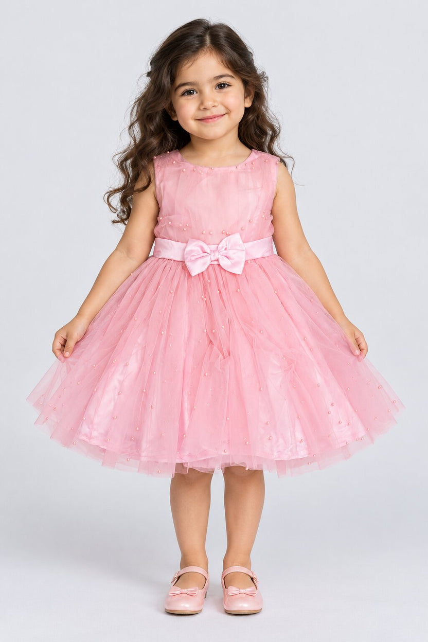 Girls Pink Embellished Flared Dress - Image 1