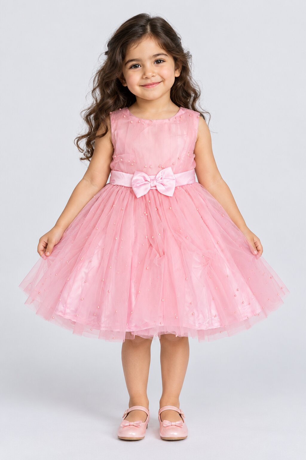 Girls Pink Embellished Flared Dress - Image 1