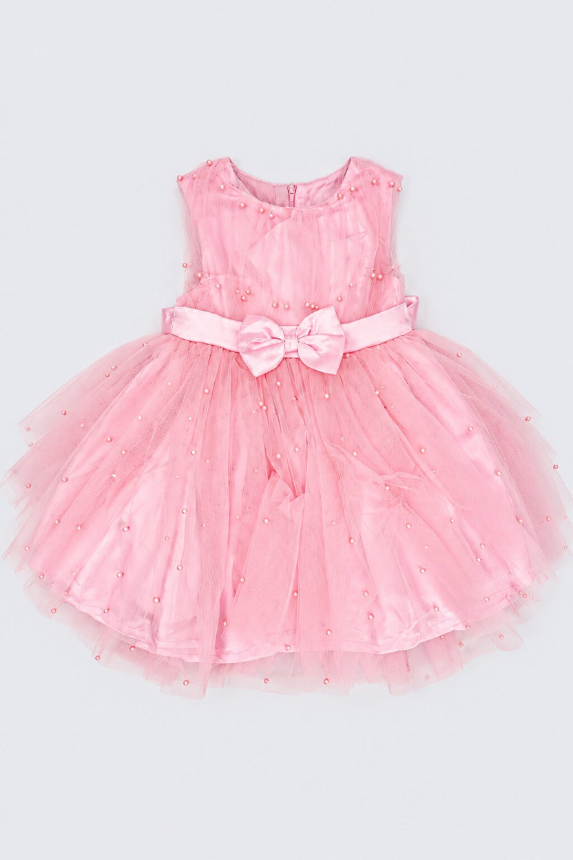 Girls Pink Embellished Flared Dress - Image 2