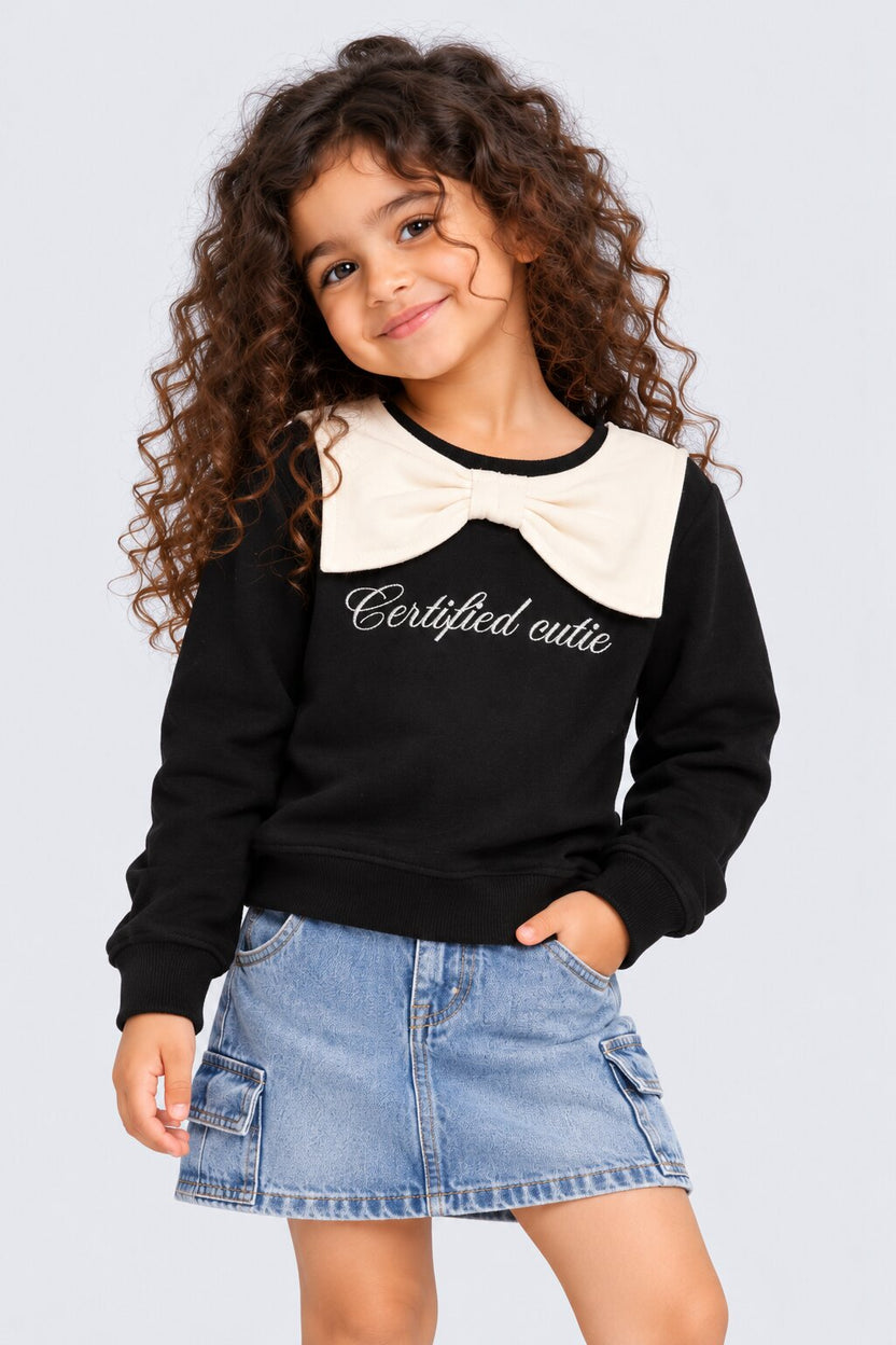 Girls Black Bow Print Relaxed Fit Sweatshirt - Image 1