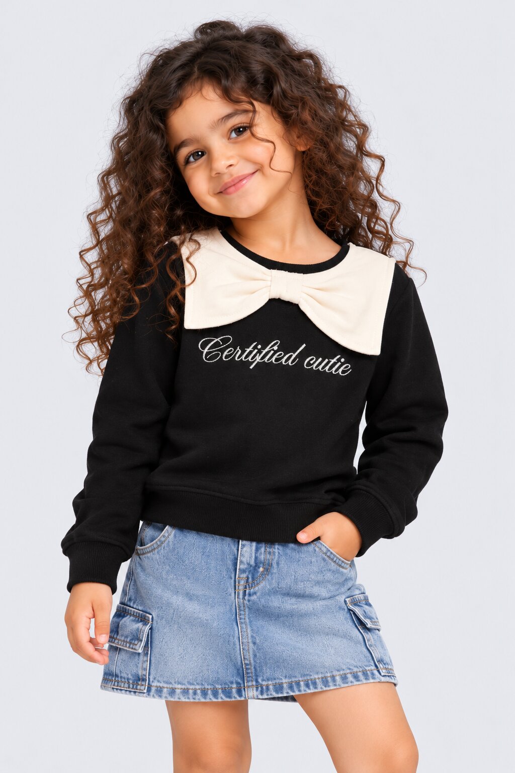 Girls Black Bow Print Relaxed Fit Sweatshirt - Image 1