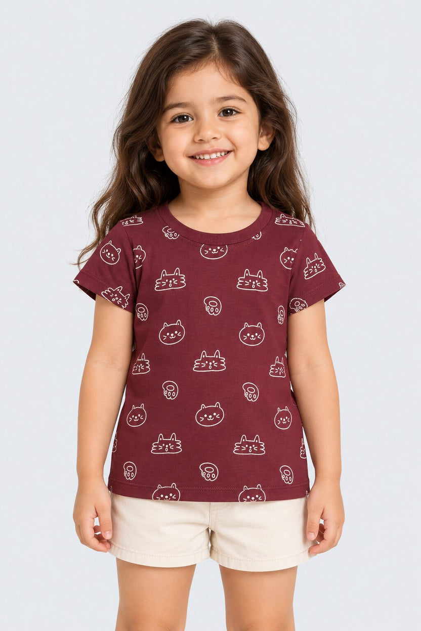Girls Maroon Cat Graphic Regular Fit T-Shirt - Image 1