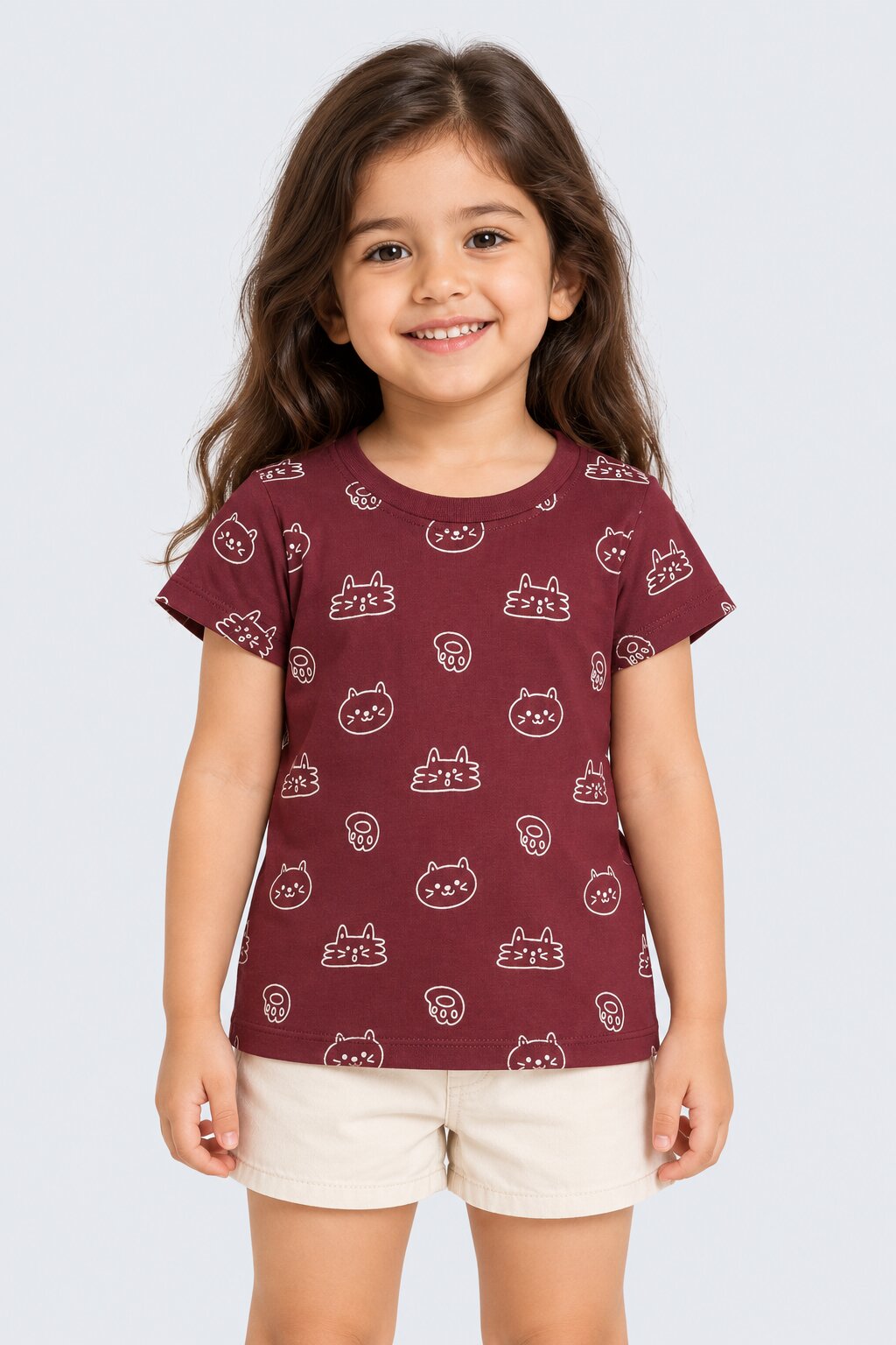 Girls Maroon Cat Graphic Regular Fit T-Shirt - Image 1
