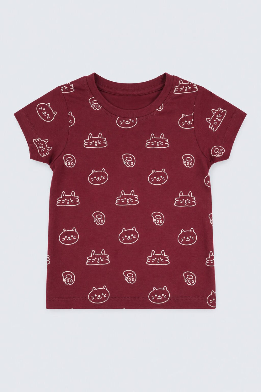 Girls Maroon Cat Graphic Regular Fit T-Shirt - Image 2