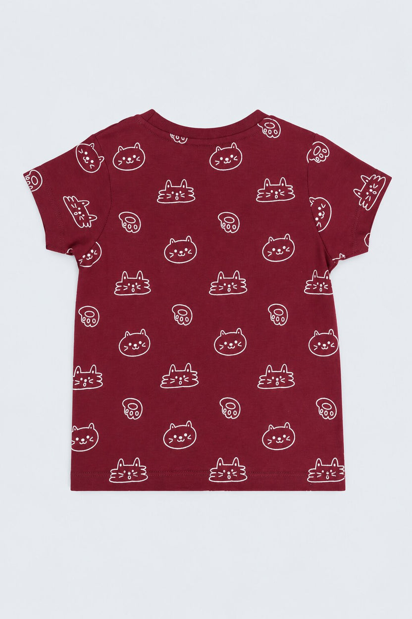 Girls Maroon Cat Graphic Regular Fit T-Shirt - Image 4