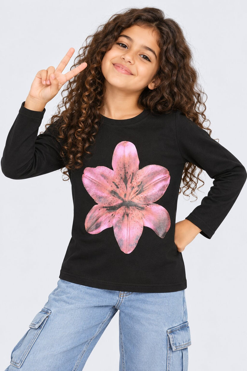 Tweens Girls Black Floral T-Shirt - Image 1