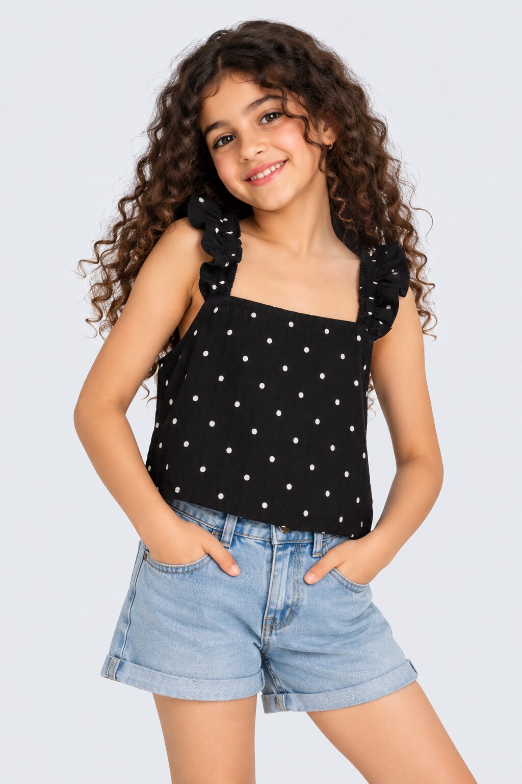 Tweens Girls Black Ruffle Polka Dot Top - Image 1