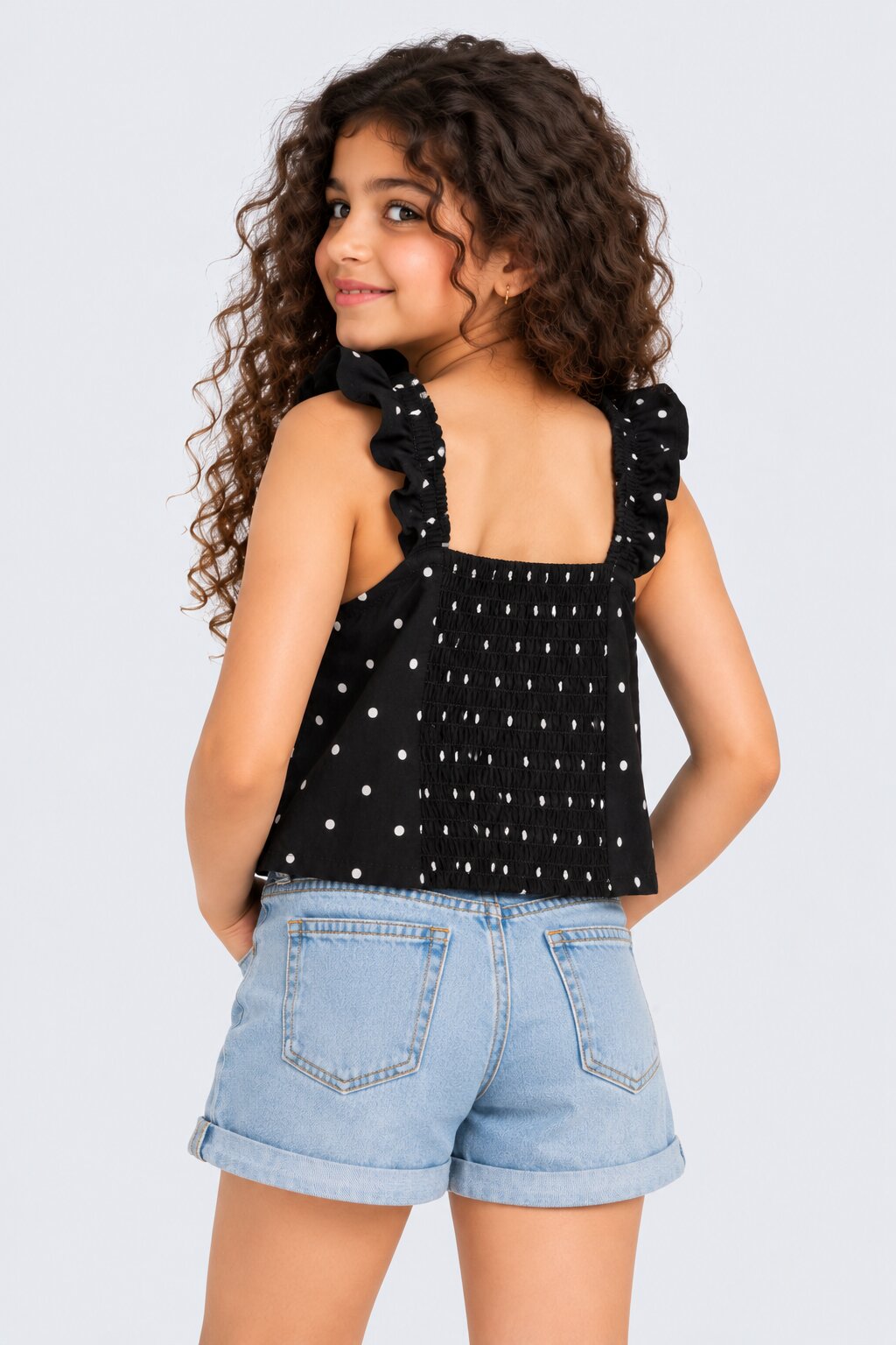 Tweens Girls Black Ruffle Polka Dot Top - Image 3