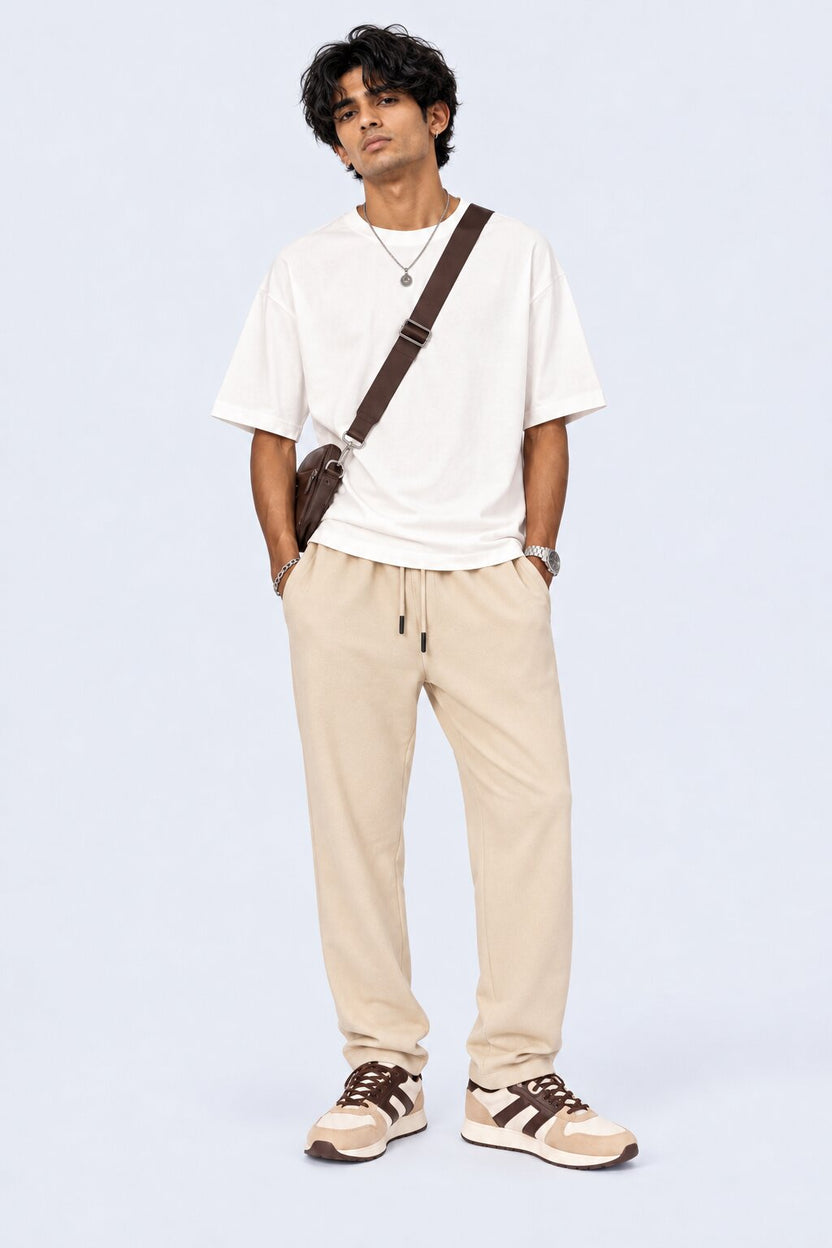 Mens Beige Relaxed Fit Joggers With 3 Pocket - Image 5