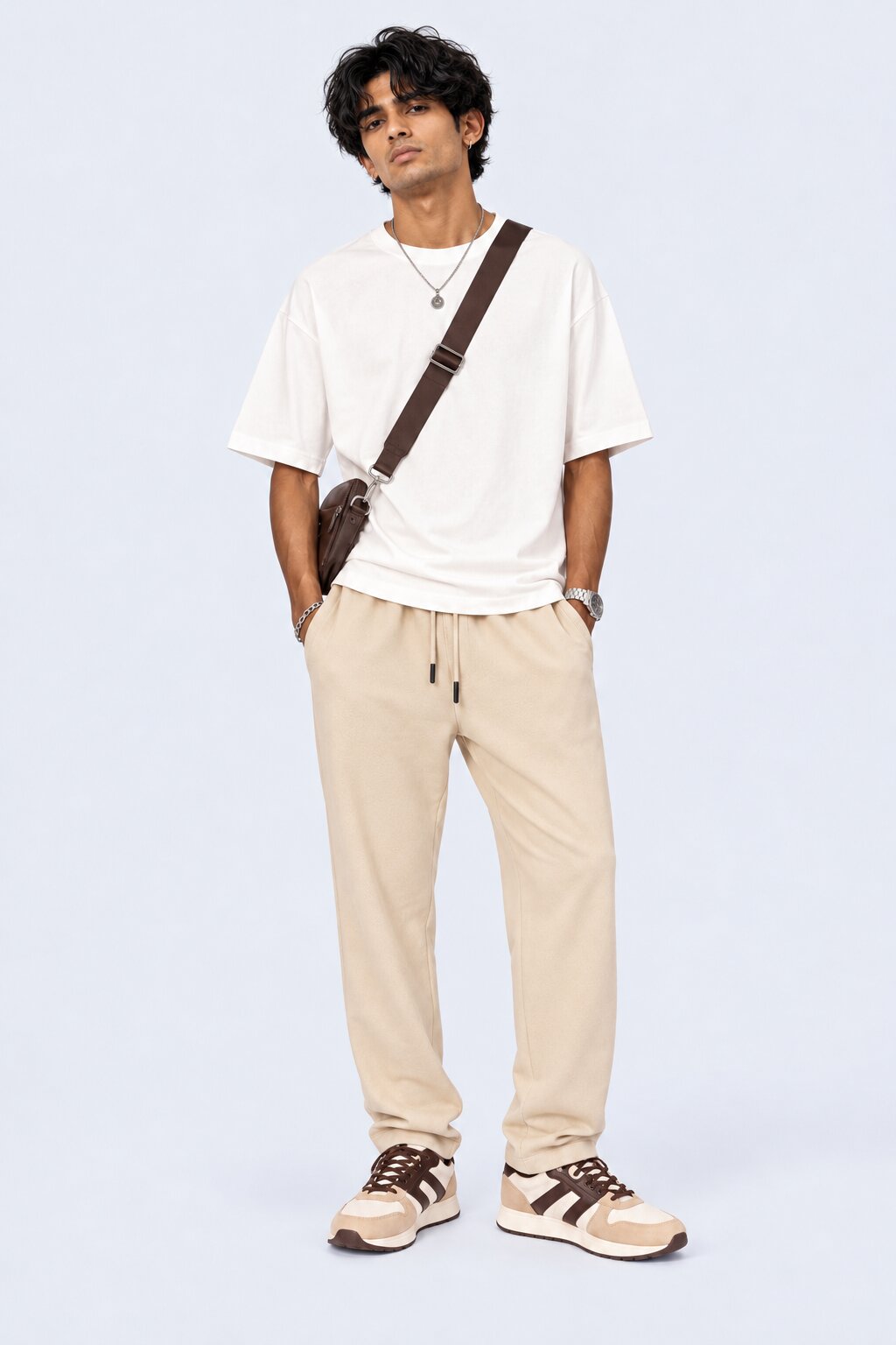 Mens Beige Relaxed Fit Joggers With 3 Pocket - Image 5