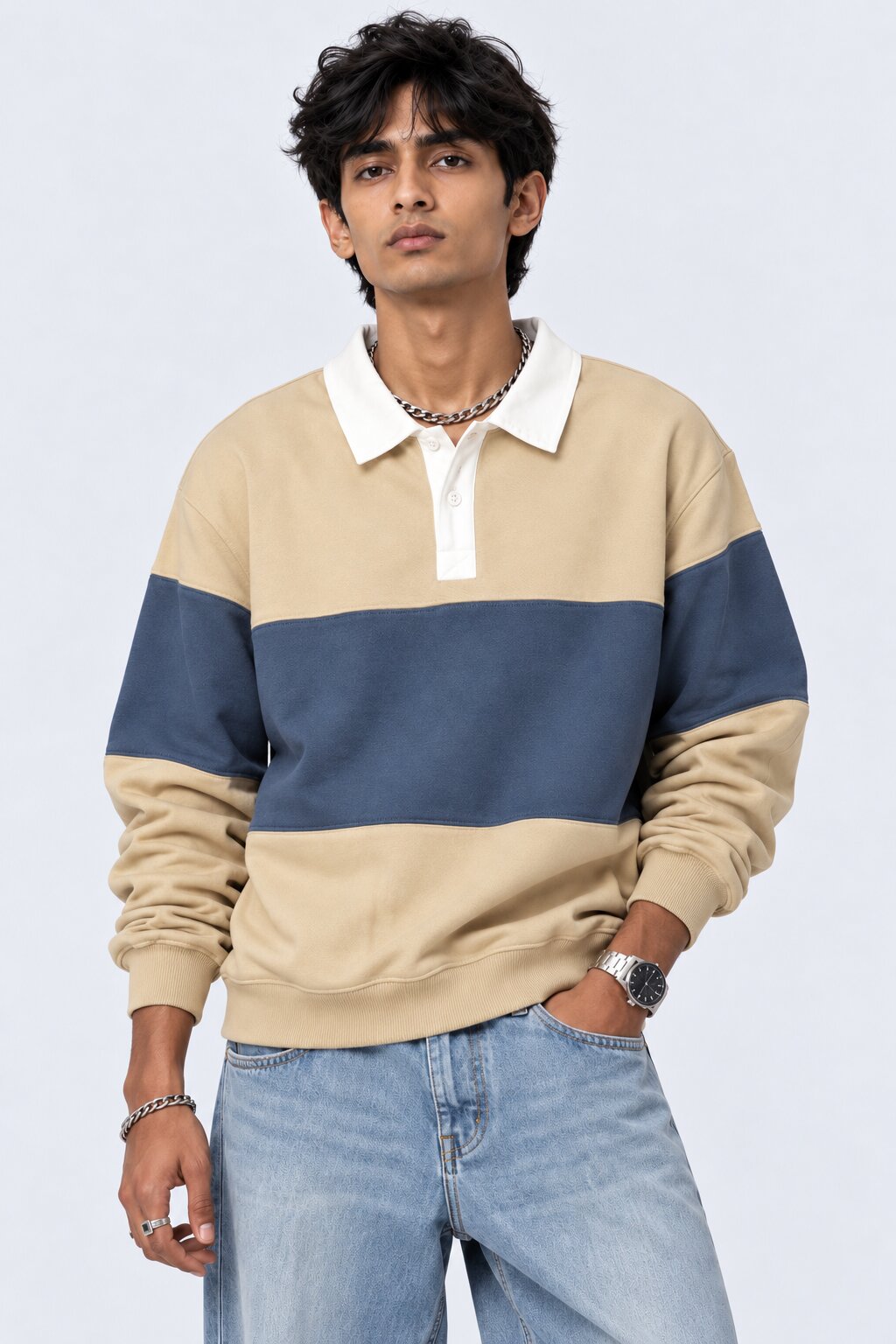 Mens Beige Cotton Blend Regular Fit Sweatshirt - Image 2