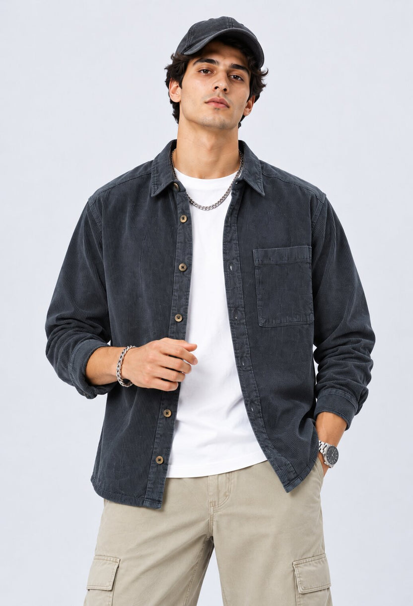 Mens Charcoal Cotton Regular Fit Shaket - Image 1