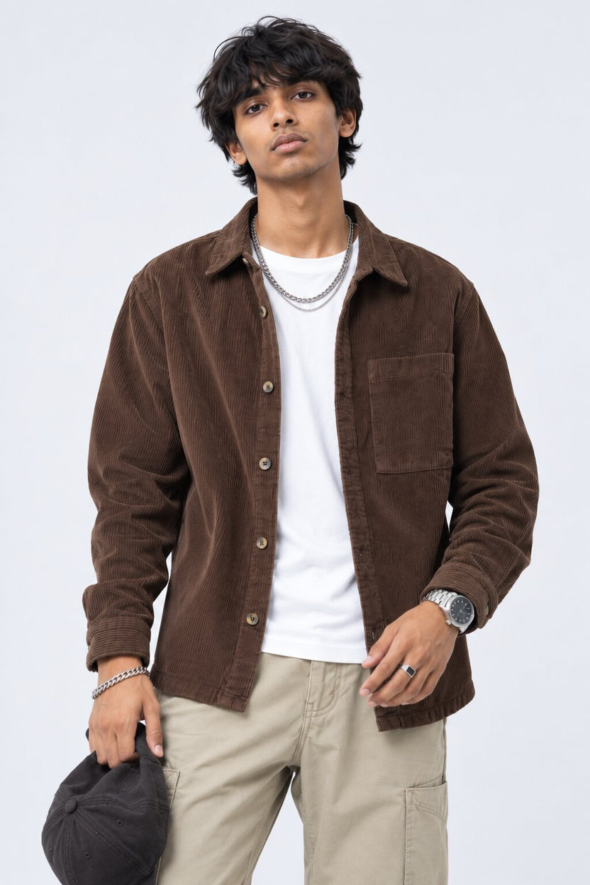 Mens Brown Cotton Regular Fit Shaket - Image 1