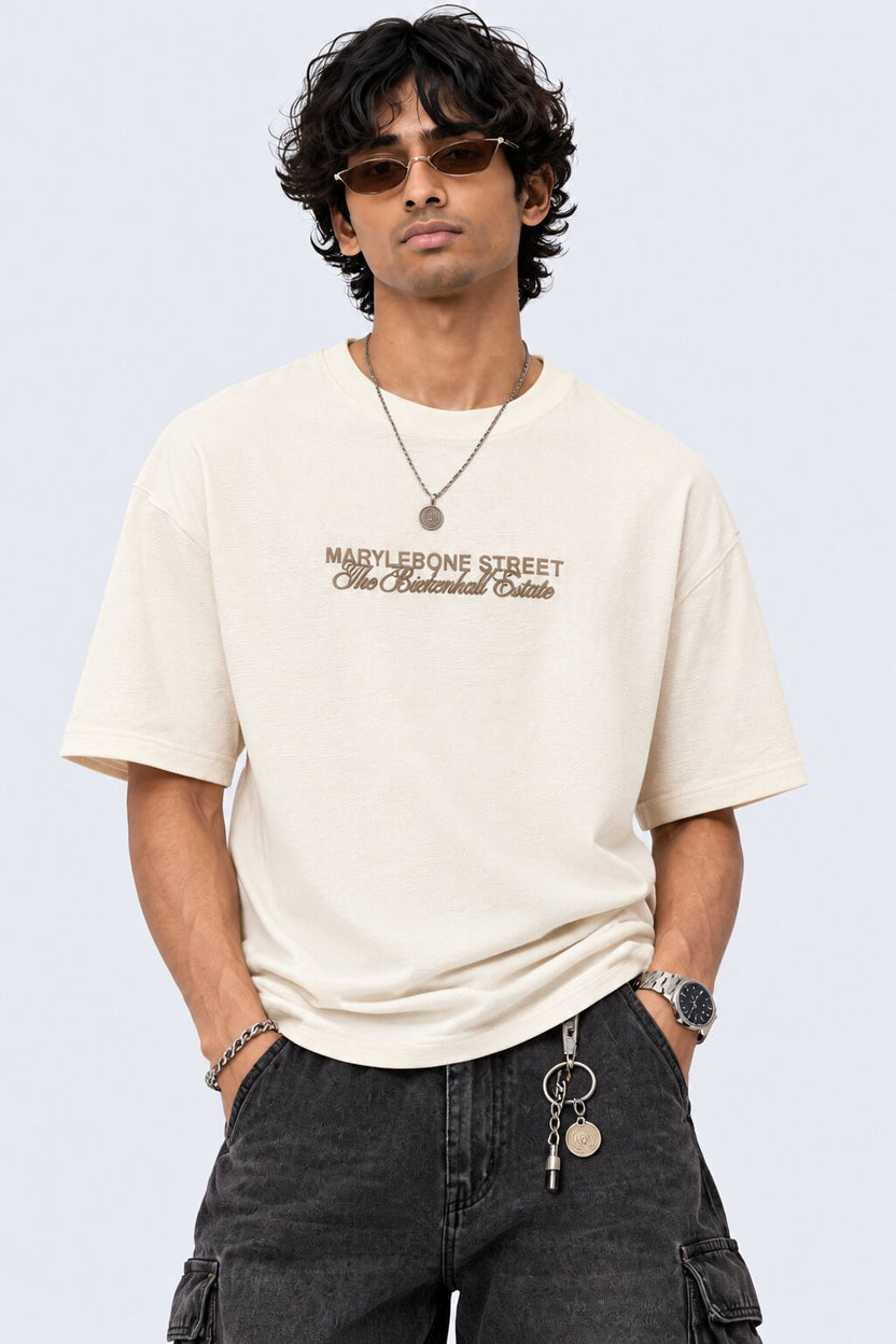 Mens Off White Patterned Relaxed Fit T-Shirt - Image 1