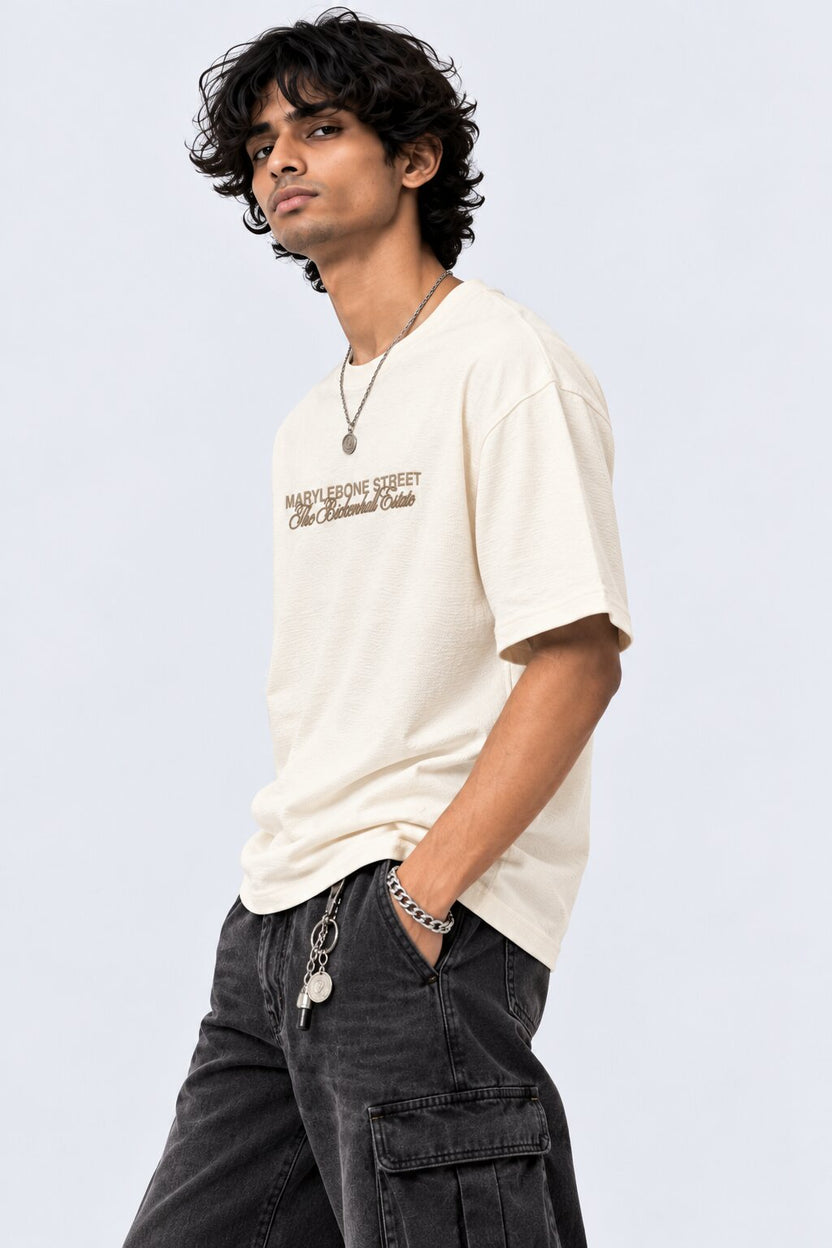 Mens Off White Patterned Relaxed Fit T-Shirt - Image 4